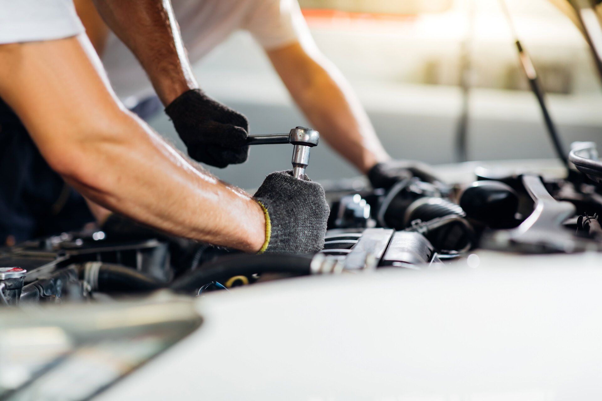 Two mechanic fixing an engine