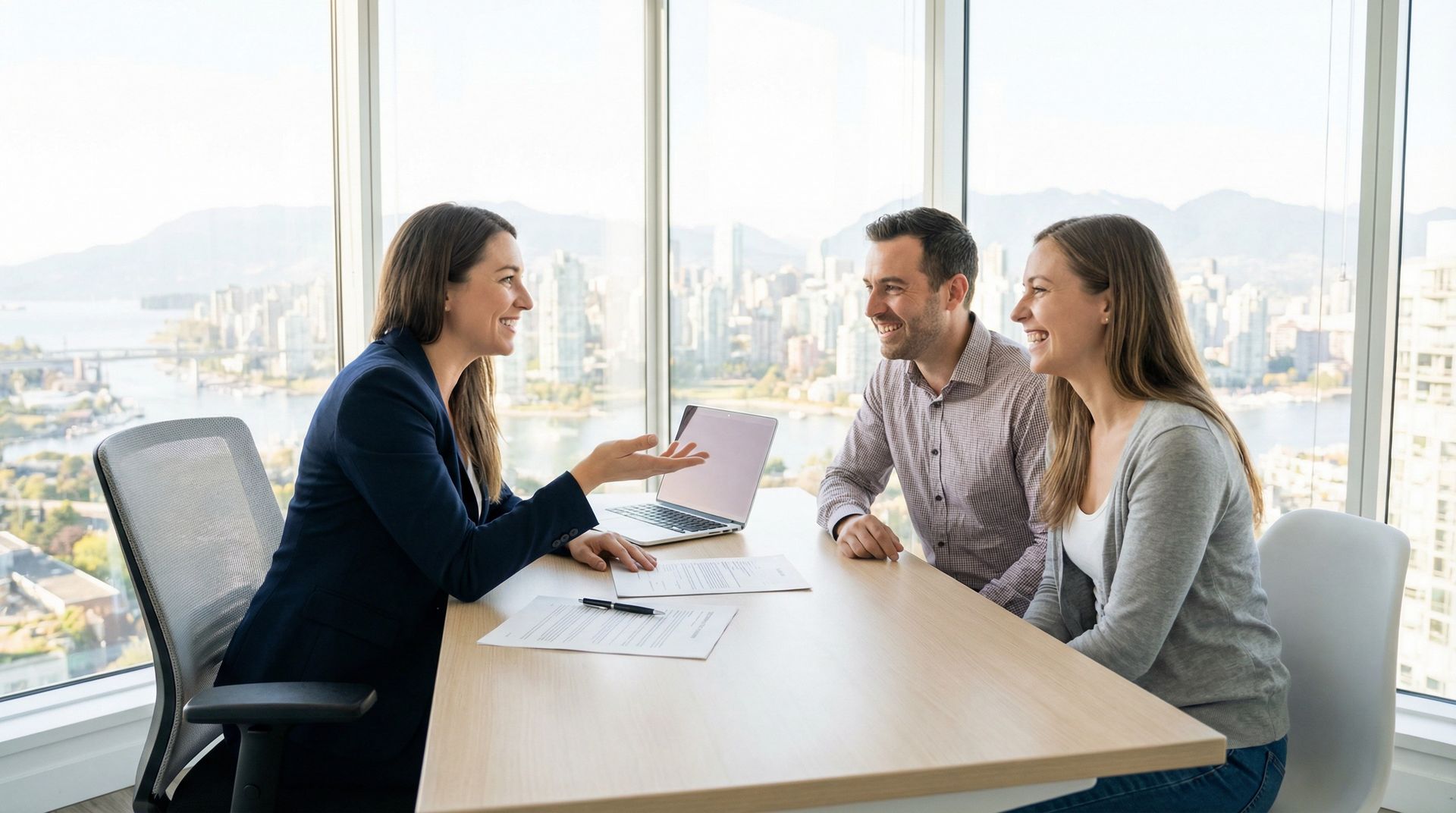 A professional in a suit talks to a smiling couple across a desk in a bright office with city views.