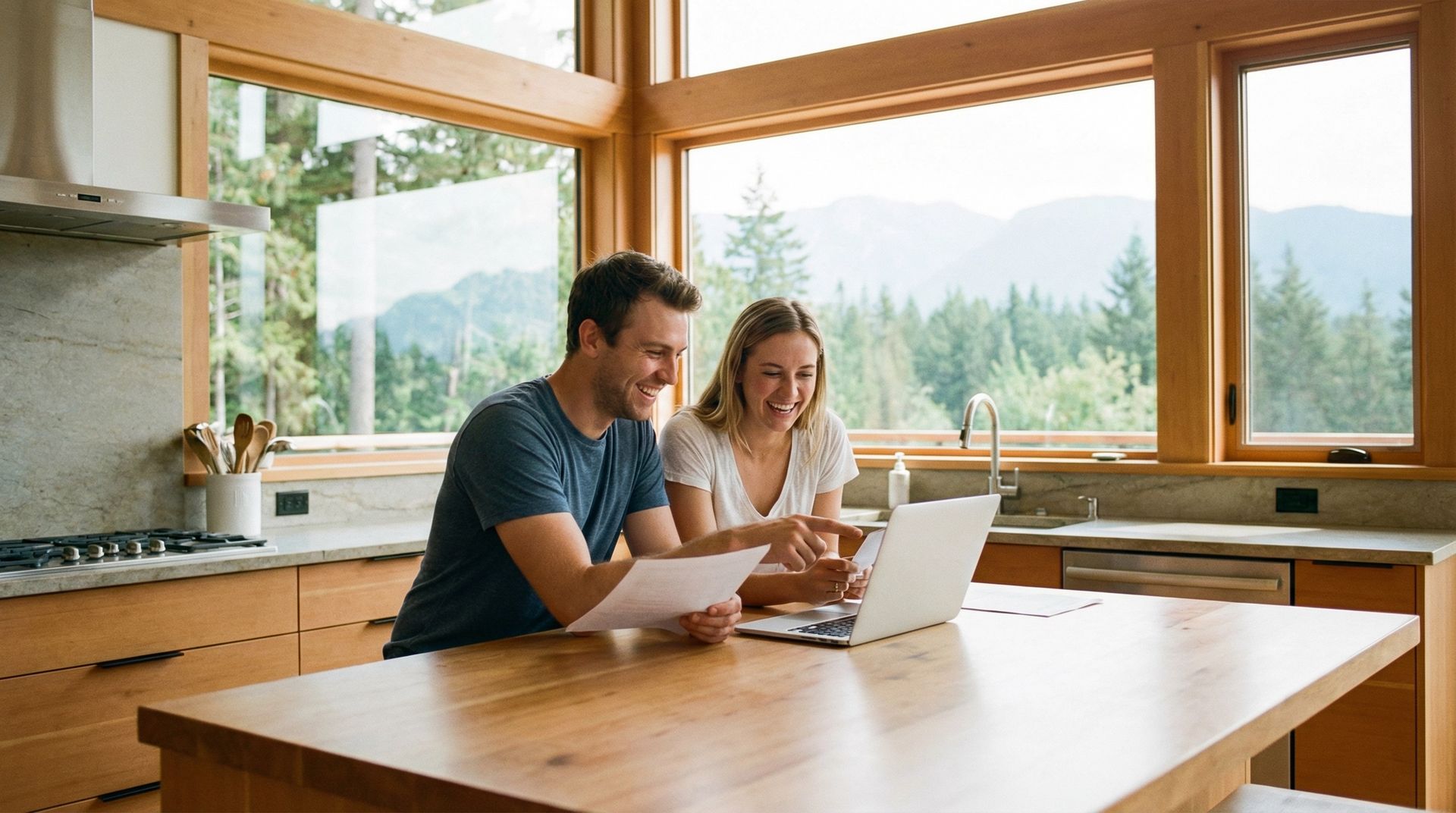 Two people sit at a wooden kitchen island, smiling as they look at a laptop screen and papers in a bright, modern home.