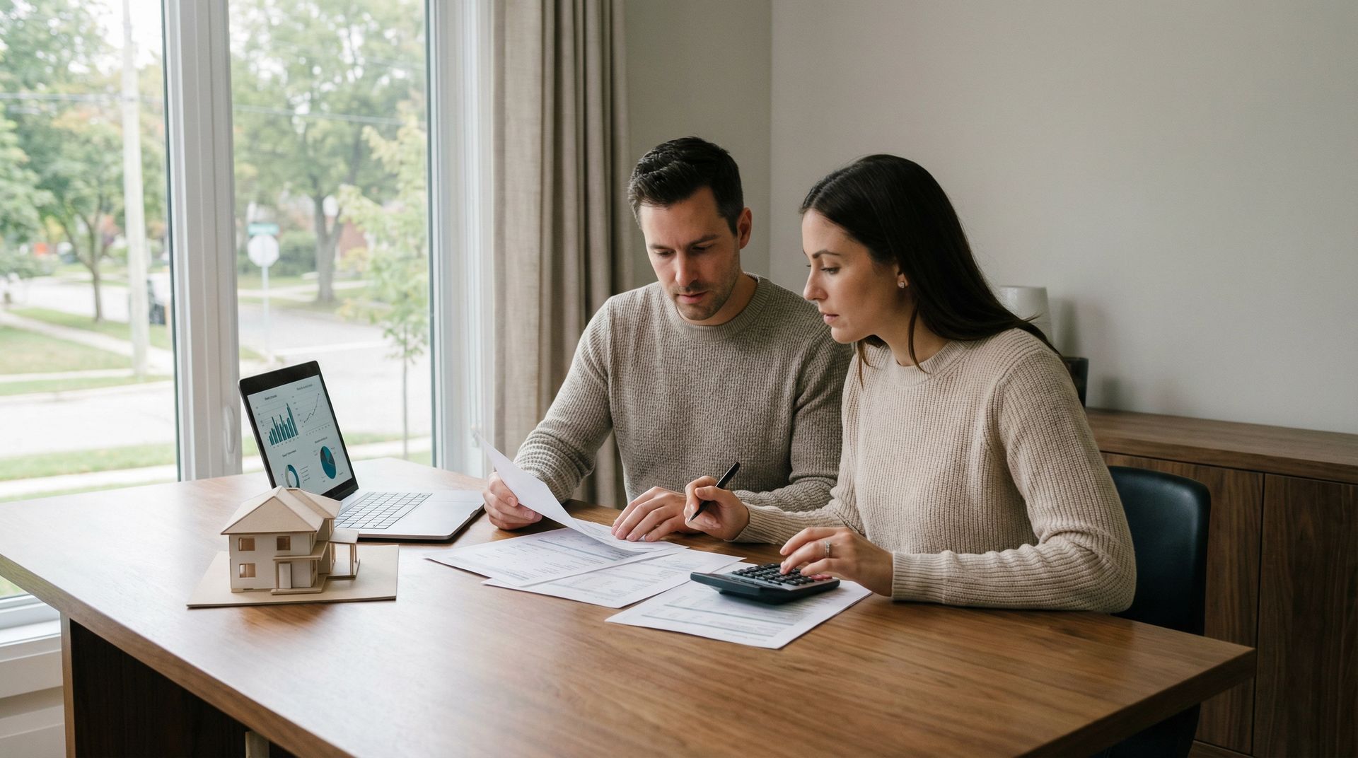 A couple sitting at a wooden table reviewing documents and a house model with a laptop nearby in a sunlit room.