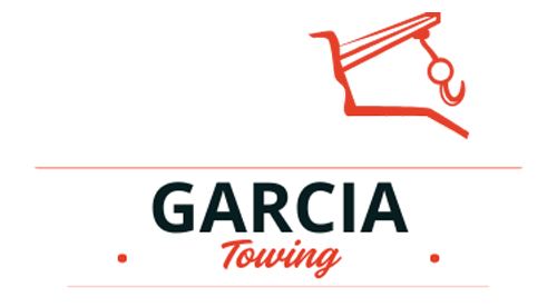 The logo for garcia towing shows a tow truck with a hook attached to it.