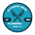 Logo for Raymond Bros Plumbing, Buda TX. Features crossed wrenches, teal and navy, established 2025.