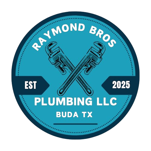 Logo for Raymond Bros Plumbing, Buda TX. Features crossed wrenches, teal and navy, established 2025.