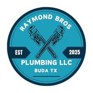 Logo for Raymond Bros Plumbing, Buda TX. Features crossed wrenches, teal and navy, established 2025.