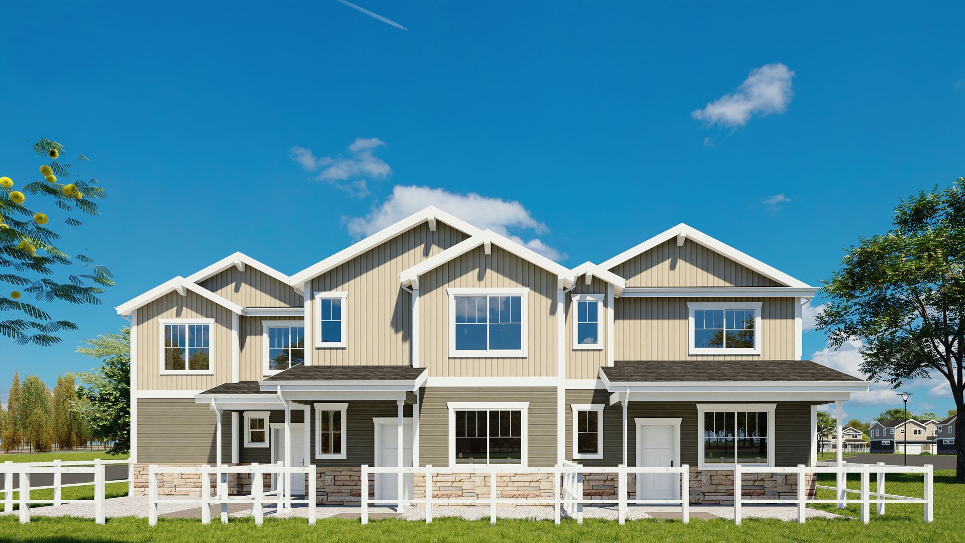 A rendering of a house with a white fence in front of it.