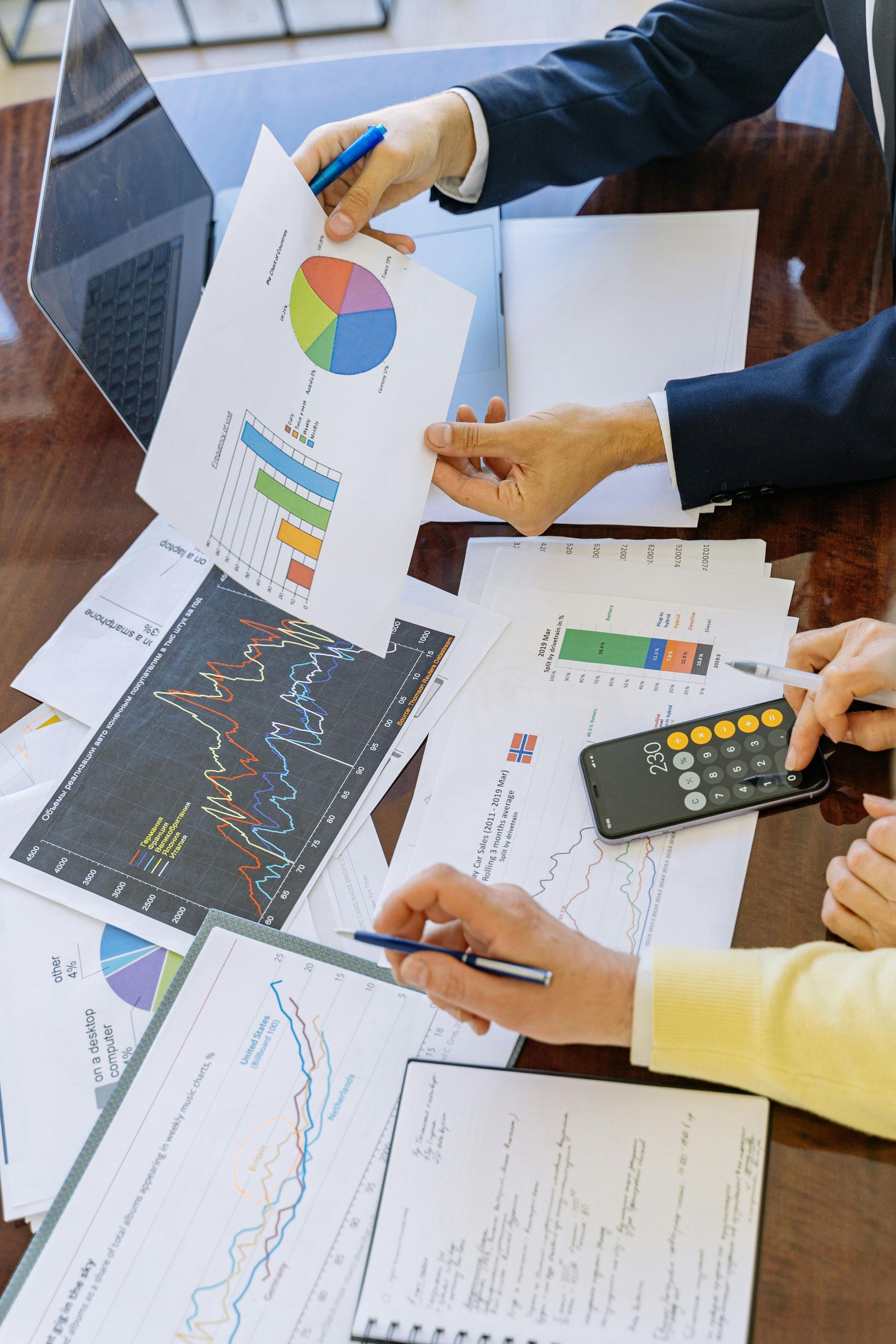 A group of people are sitting at a table looking at charts and graphs.