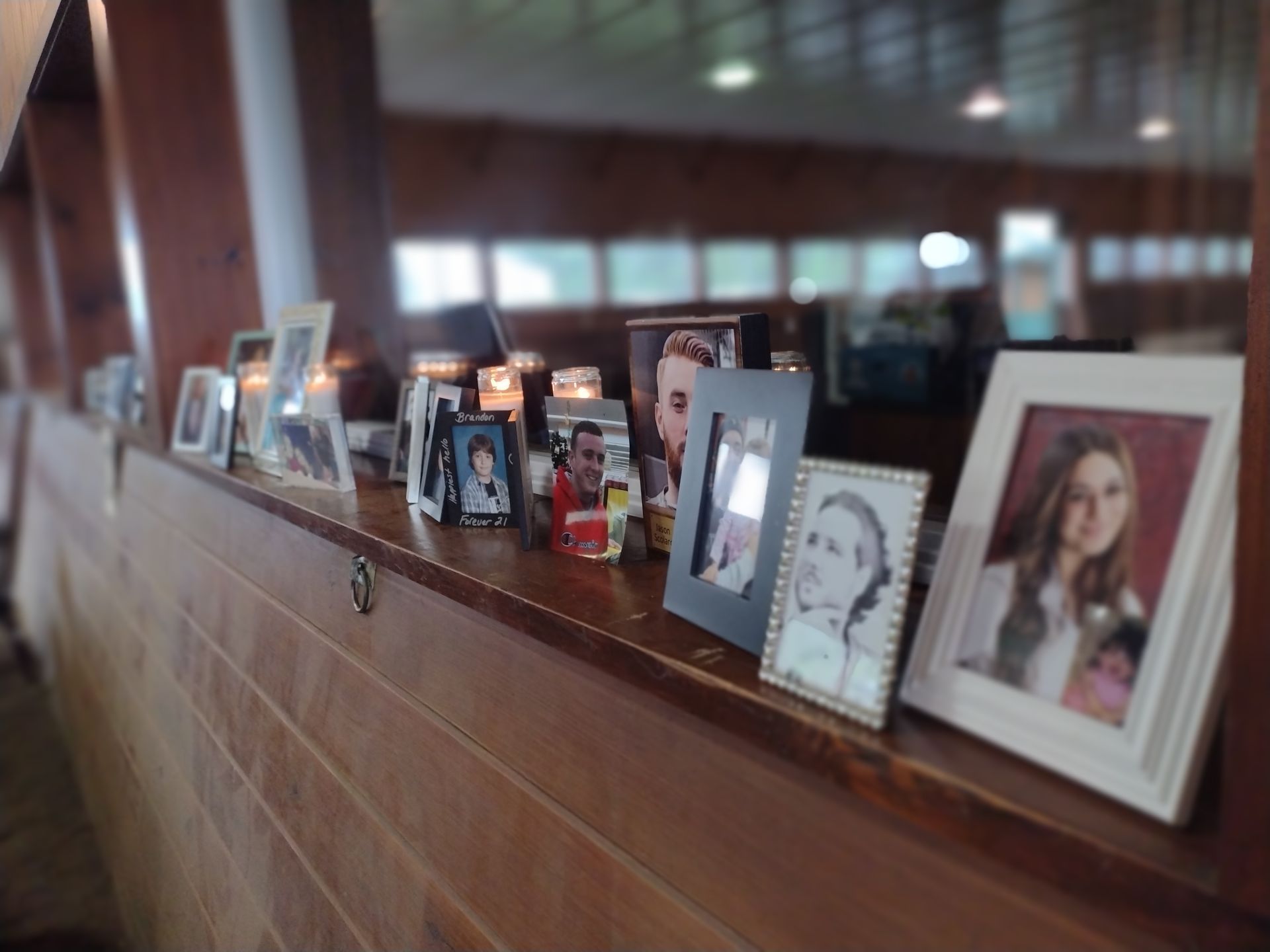 A row of framed pictures on a wooden shelf
