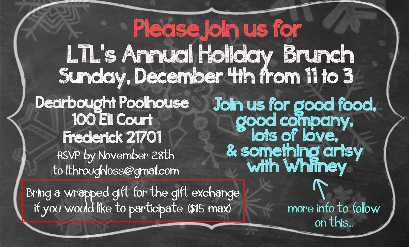 A chalkboard advertisement for ltl 's annual holiday brunch