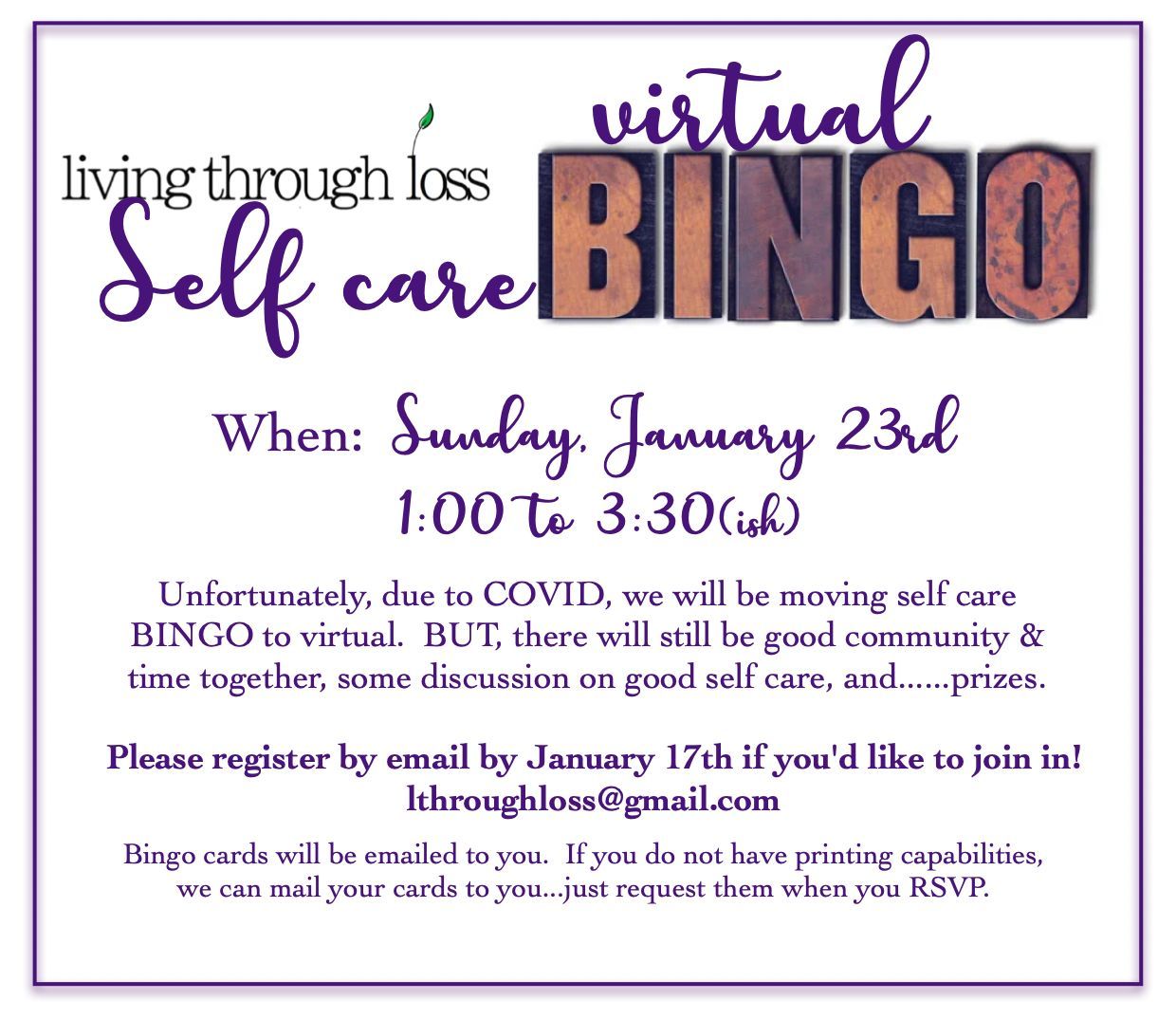 A flyer for a virtual self care bingo on january 23rd