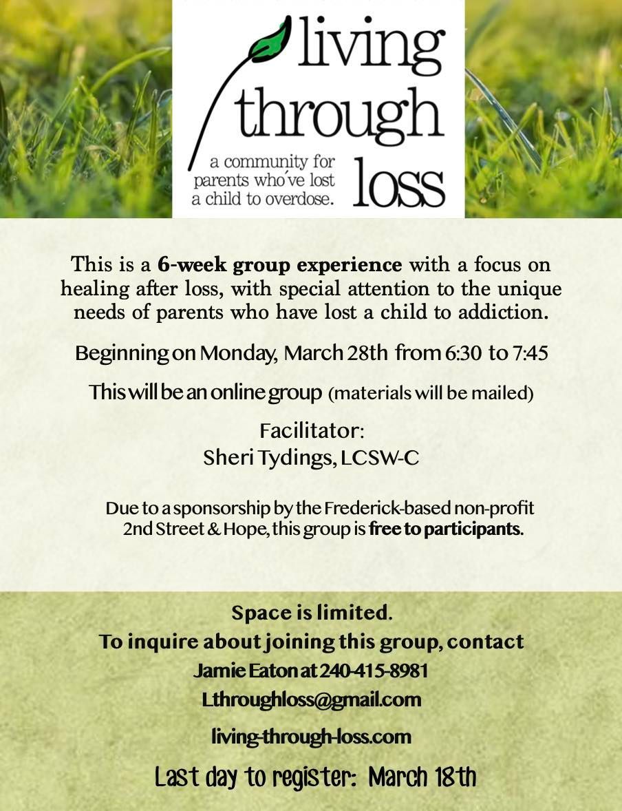 An advertisement for a group called living through loss
