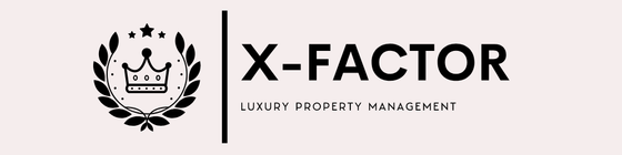 Logo for X-FACTOR luxury property management featuring a crown inside a wreath and bold text.