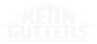 A white logo for kern gutters on a white background.