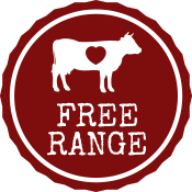 Red and white circular logo: Silhouette of a cow with a heart,