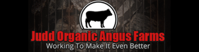 Logo for Judd Organic Angus Farms, featuring a black cow silhouette in a white circle. Red text.