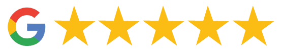 Google logo with five gold stars rating