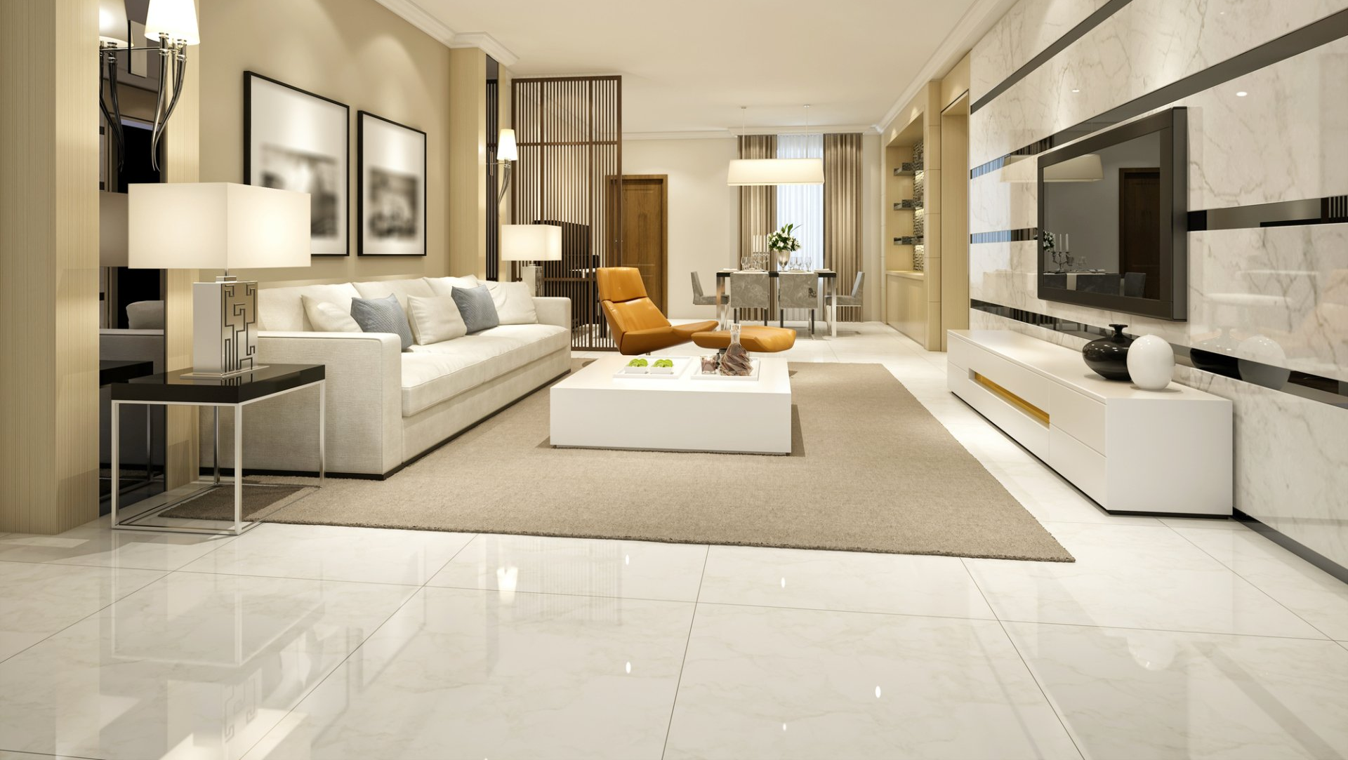 Custom Rugs & Carpet— Modern Style living Room With Porcelain Floor in Naples, FL