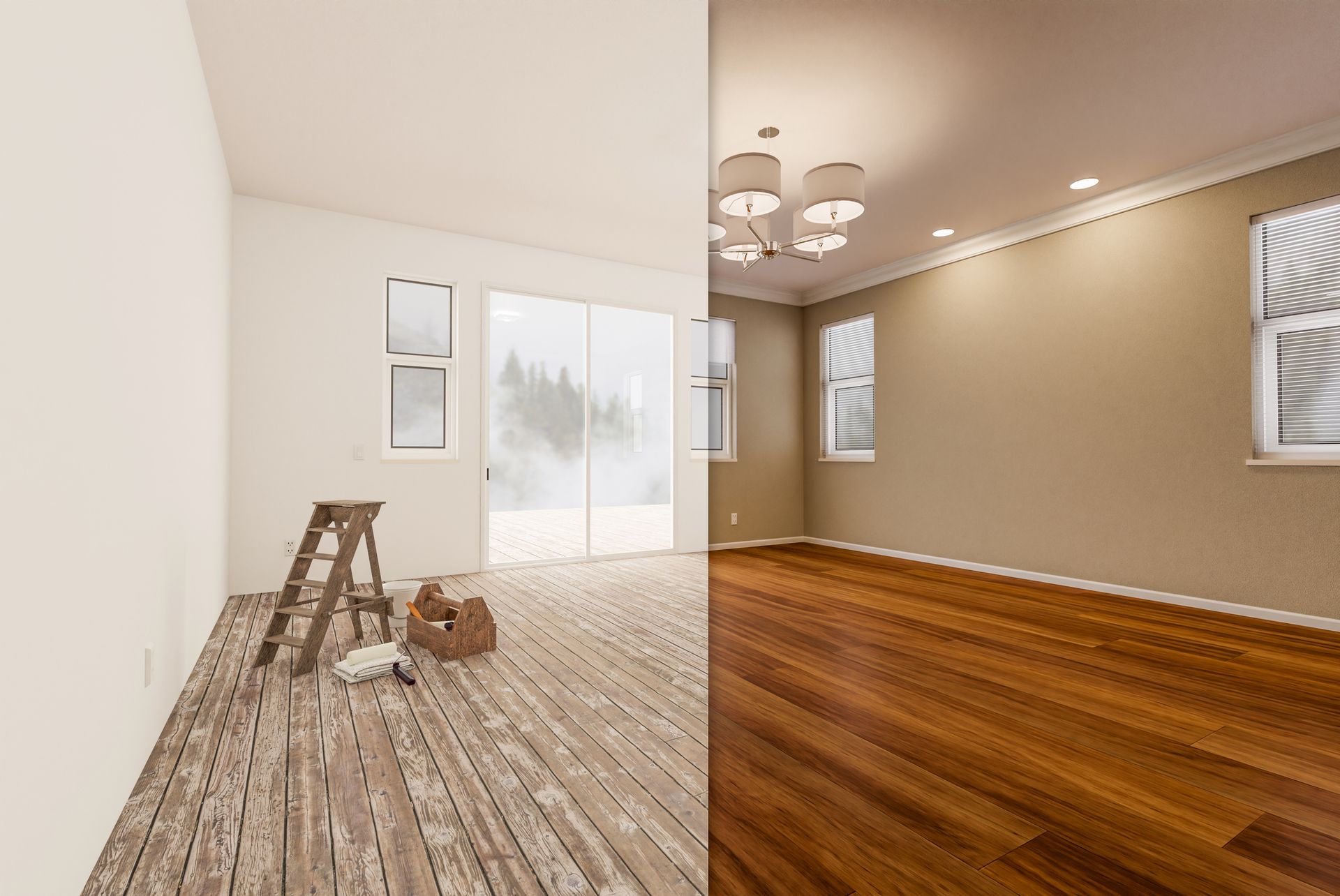 Room renovation: Before (left) with wood floors, ladder; after (right) with new paint, chandelier, and wood floors.