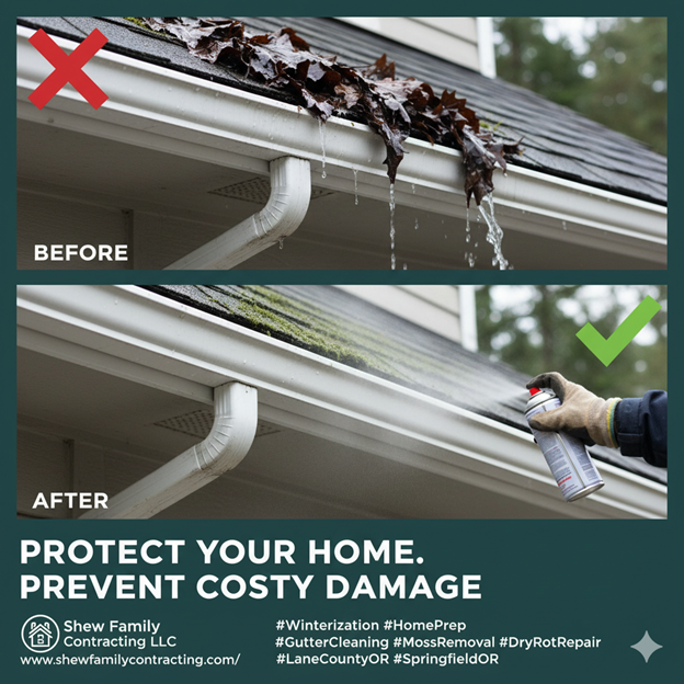 Before/after of a gutter cleaning: dirty, clogged gutter to clean gutter with a person spraying it. Text: Protect your home.