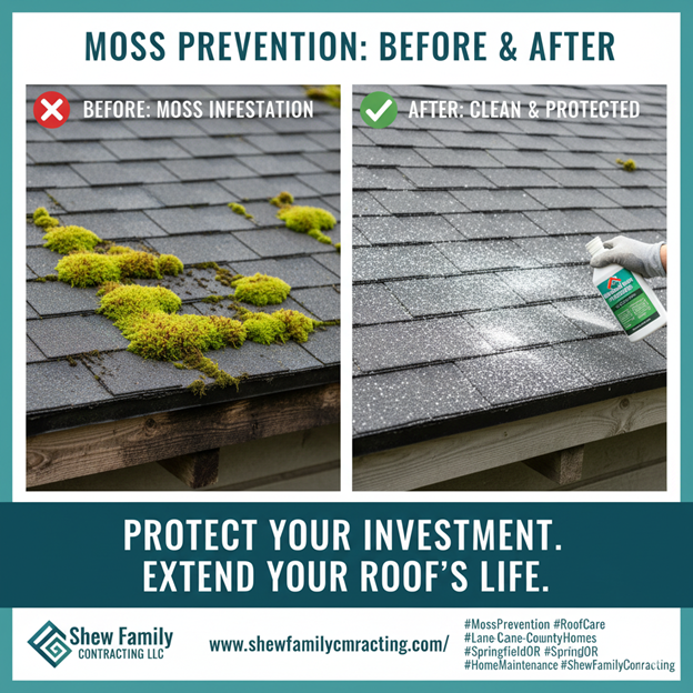 Before & after showing mossy roof vs. clean roof after treatment. Spraying roof to prevent moss.