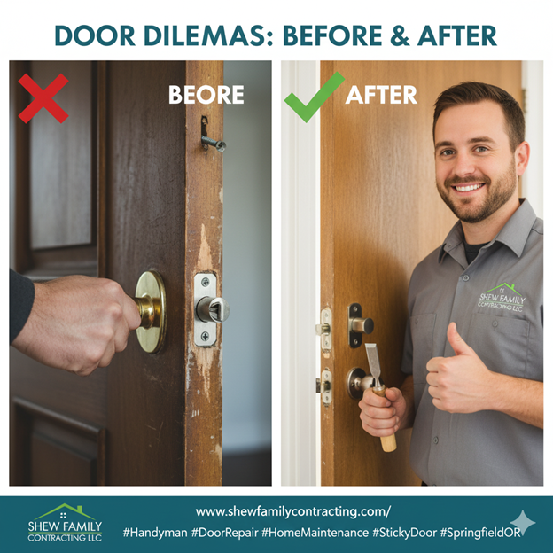 Before and after door repair: damaged door vs. repaired door with smiling man giving a thumbs-up.