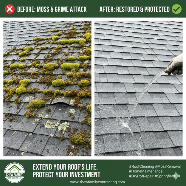 Before and after comparison of a roof cleaning. Left shows moss and grime. Right shows a restored roof with water being sprayed.