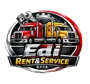 Logo di Edi Rent & Service con camion rossi e gialli su sfondo nero.