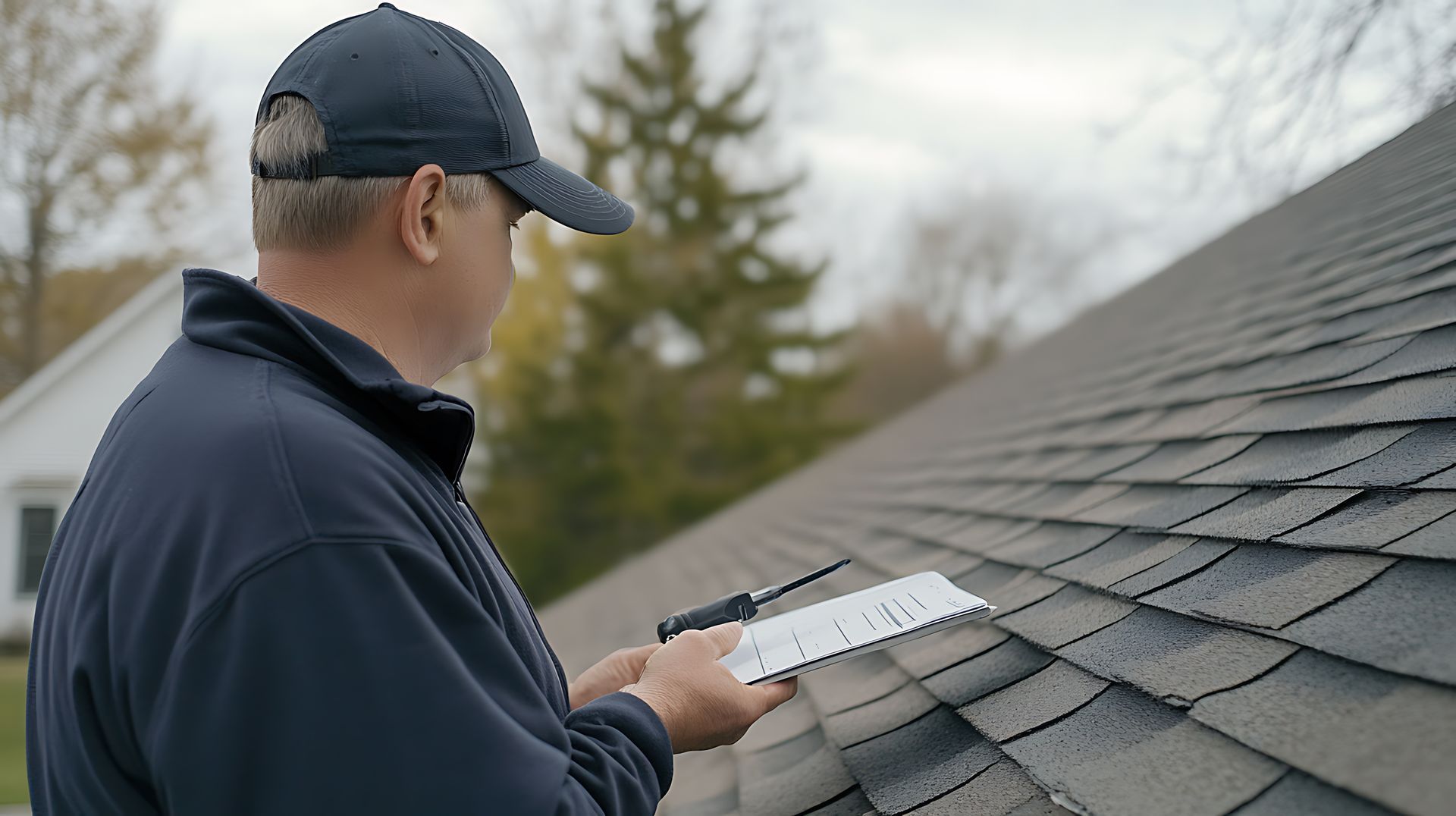 A roofing contractor performing a residential roofing inspection for leaks on a rooftop A roofing contractor performing a residential roofing inspection for leaks on a rooftop