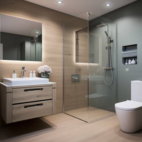 A bathroom with a toilet , sink , mirror and walk in shower.