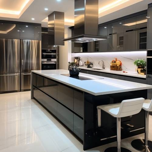 A kitchen with stainless steel appliances and a large island