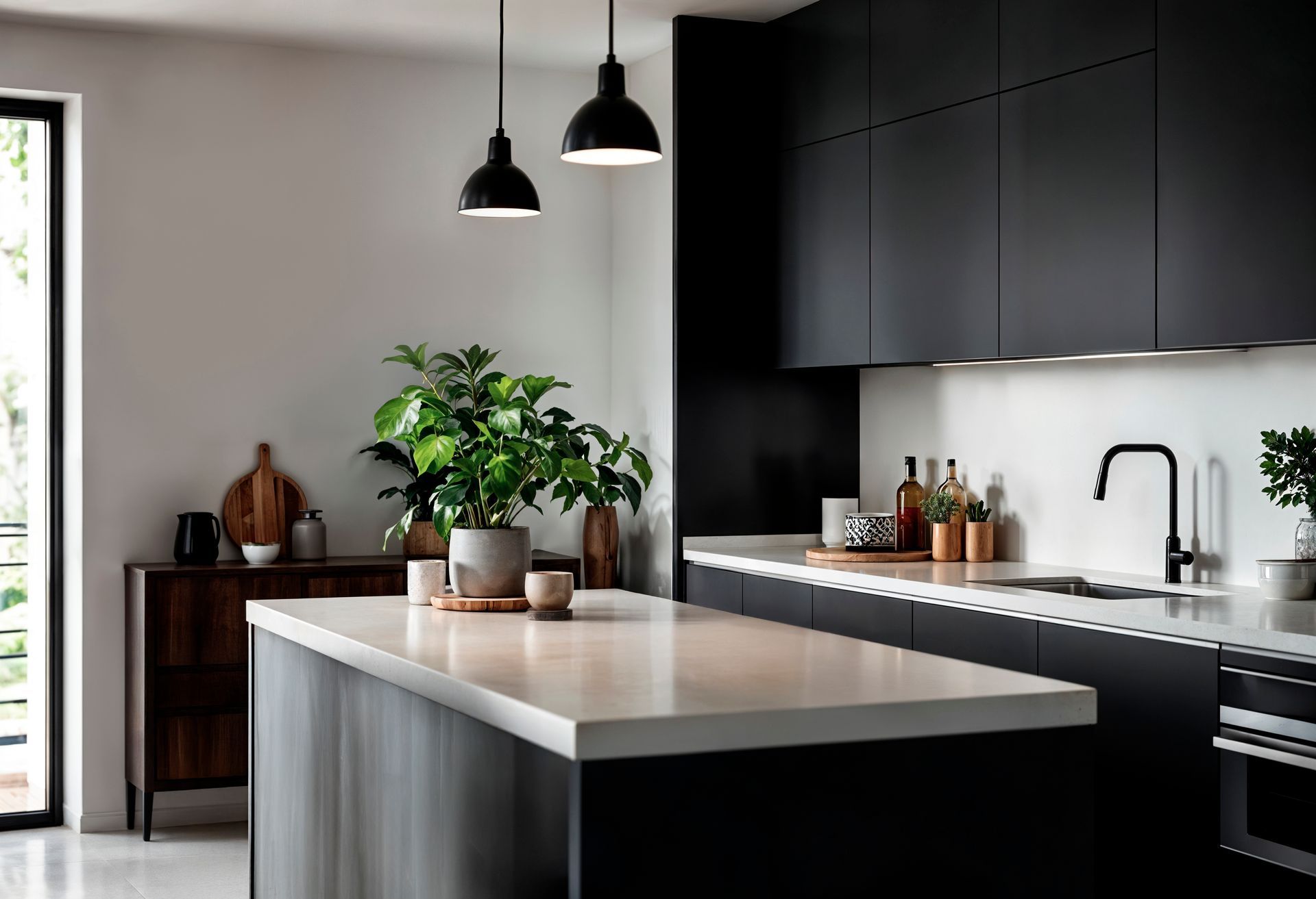 A kitchen with black cabinets and a large island in the middle.