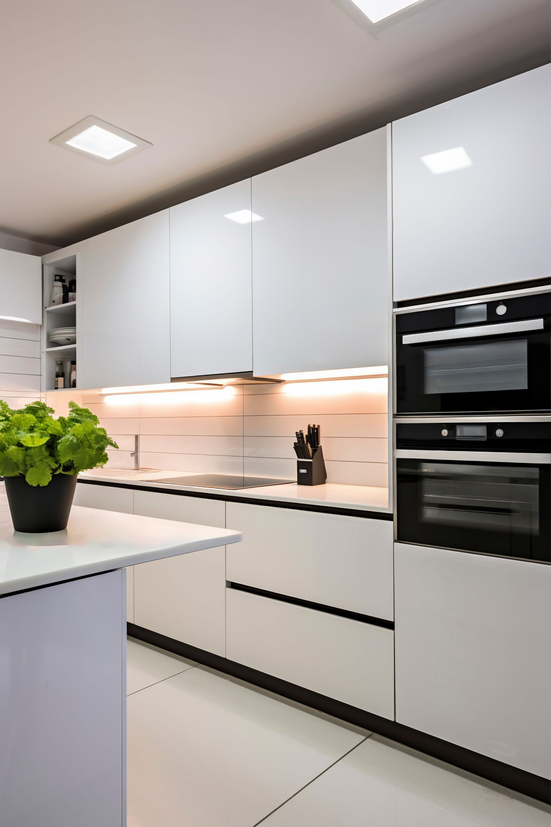 A kitchen with white cabinets and black appliances and a potted plant on the counter.