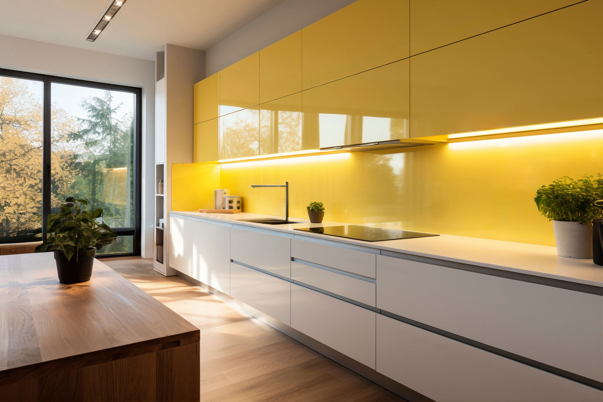 A kitchen with yellow cabinets and white counter tops.