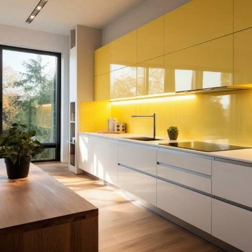 A kitchen with yellow cabinets and white cabinets