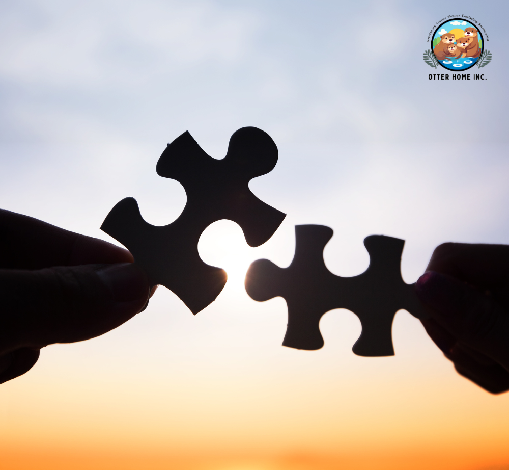 Two puzzle pieces are being put together with a sunset in the background