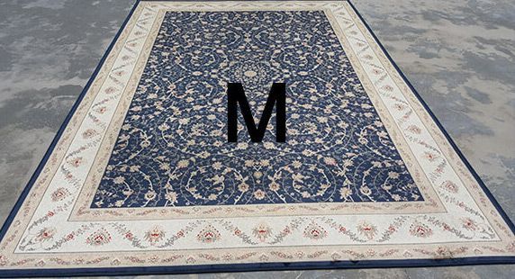 A blue and white rug with the letter m on it