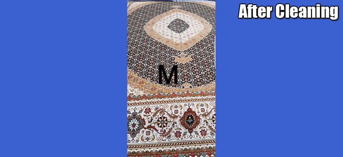 A picture of a rug with the letter m on it
