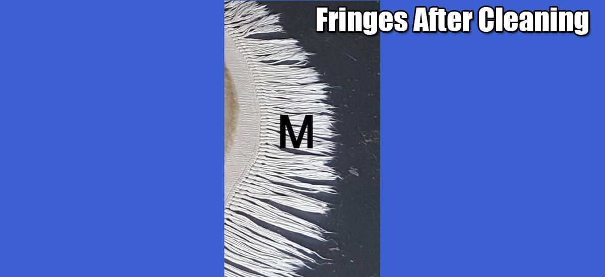 A close up of a fringe after cleaning on a blue background.