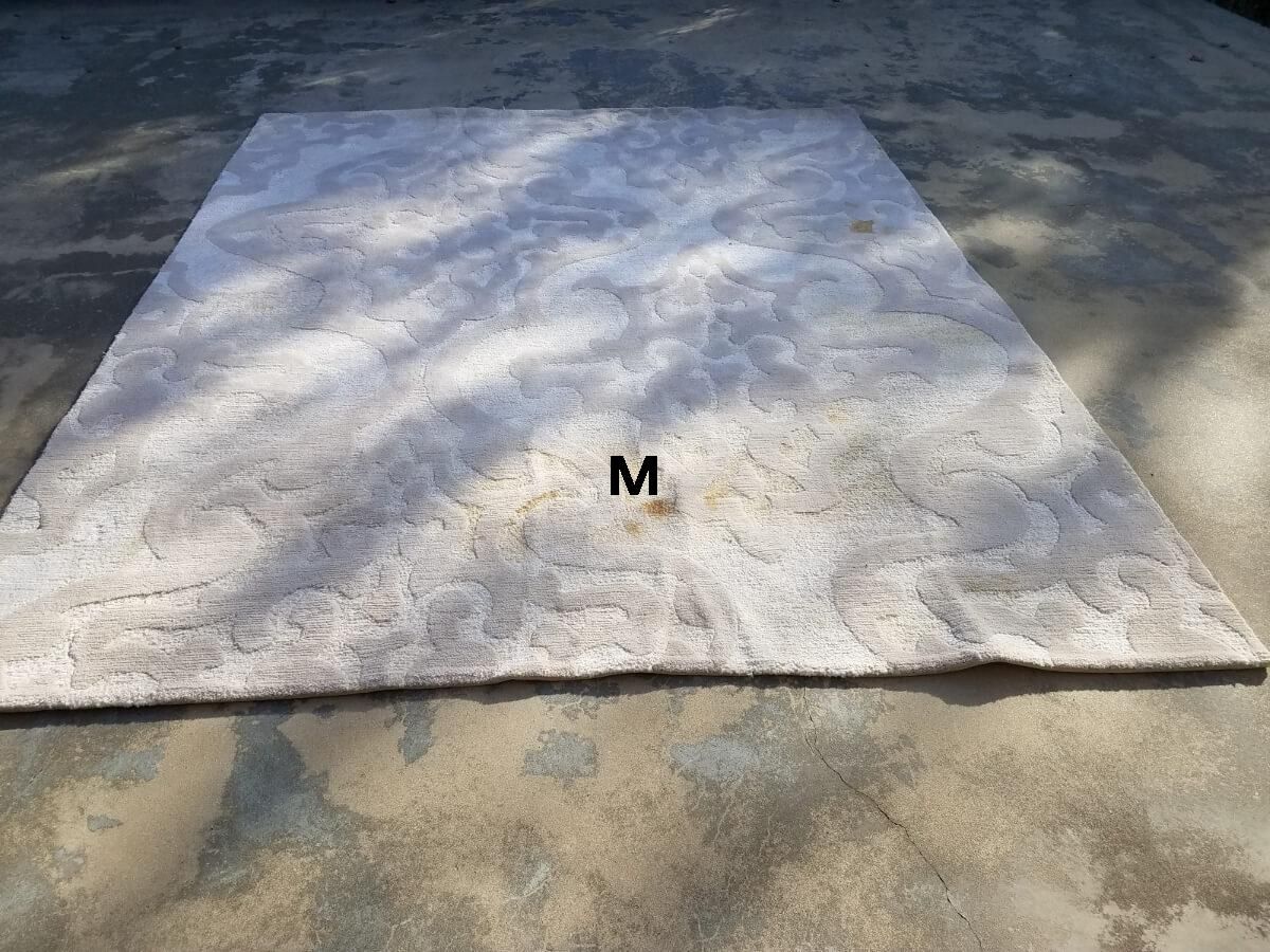 A rug with the letter m on it is sitting on the ground.