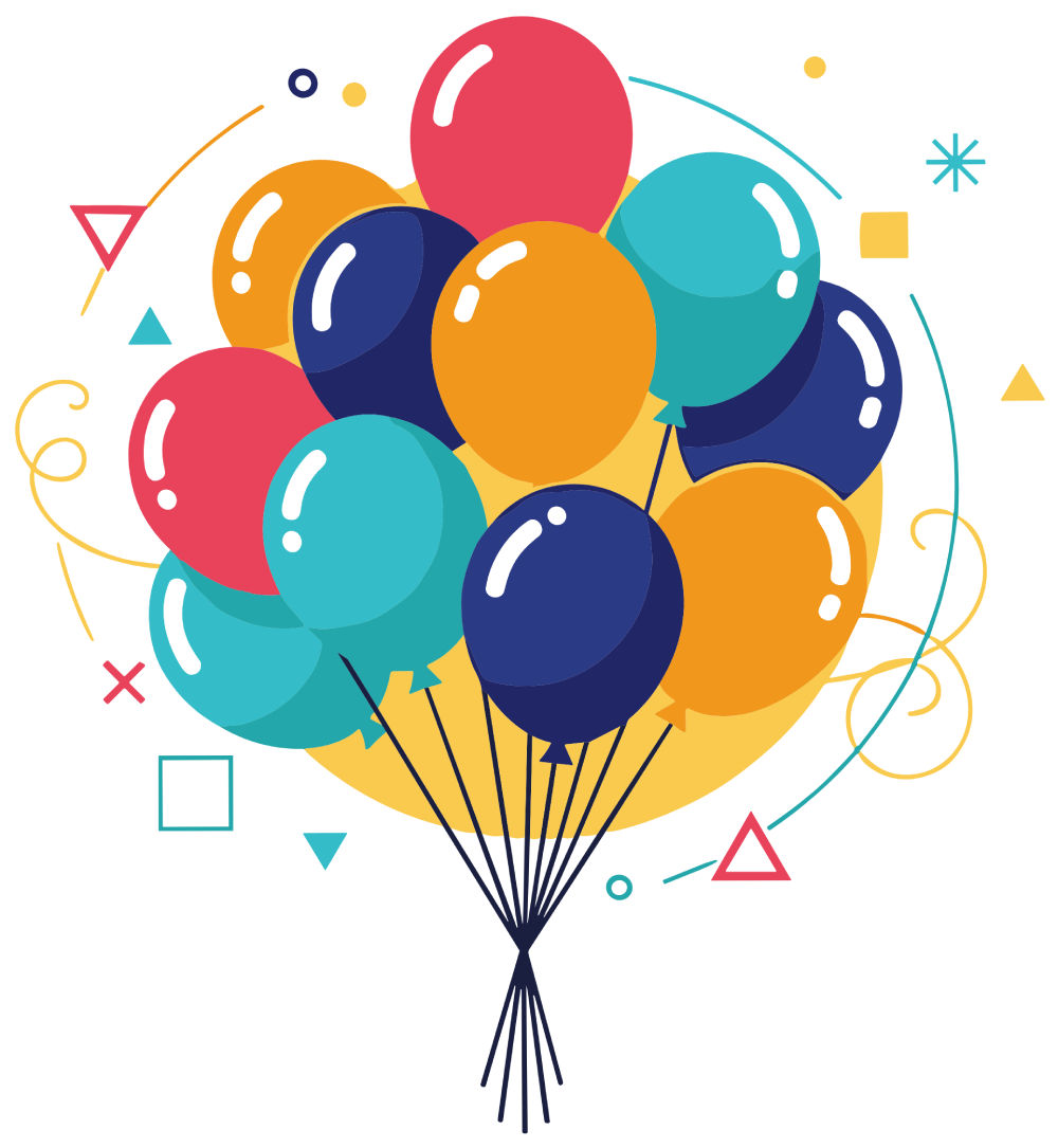 A colorful bunch of tied balloons in red, orange, dark blue, and teal, decorated with playful geometric shapes.
