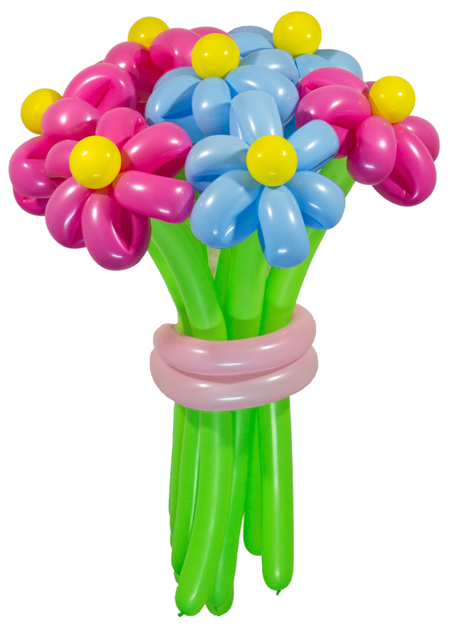 A bouquet made of balloon flowers in pink and blue with yellow centers and green stems, tied with a pale pink balloon.