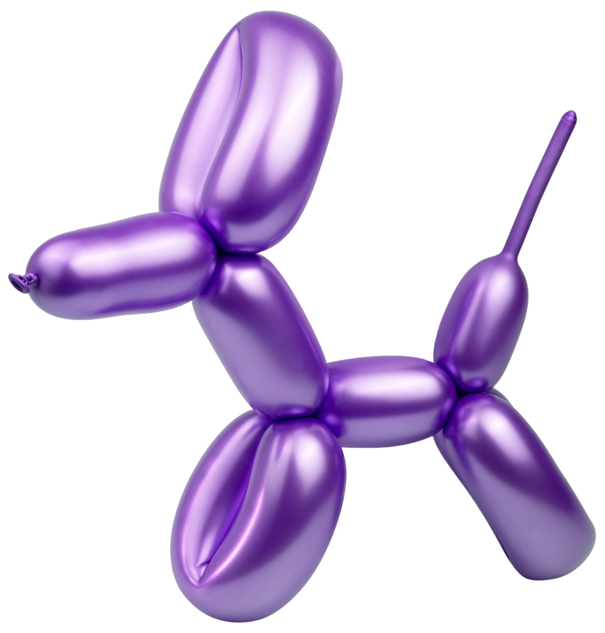 A shiny, metallic purple balloon animal shaped like a dog.