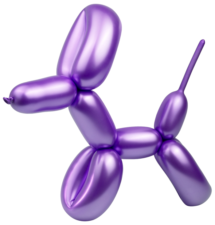 A shiny, metallic purple balloon animal shaped like a dog.