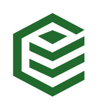 Green geometric logo: hexagonal frame with stacked horizontal lines and a small diamond shape inside.