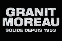 Logo Granit Moreau avec texte effet marbre sur fond noir. « Solide depuis 1953 » en dessous.