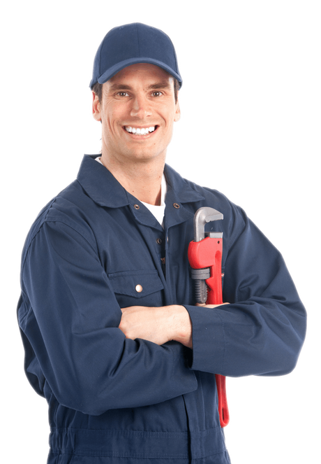 A man in a blue uniform is holding a wrench and smiling