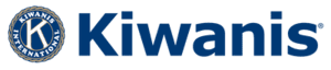 a blue and white logo for Kiwanis Bakersfield CA on a white background