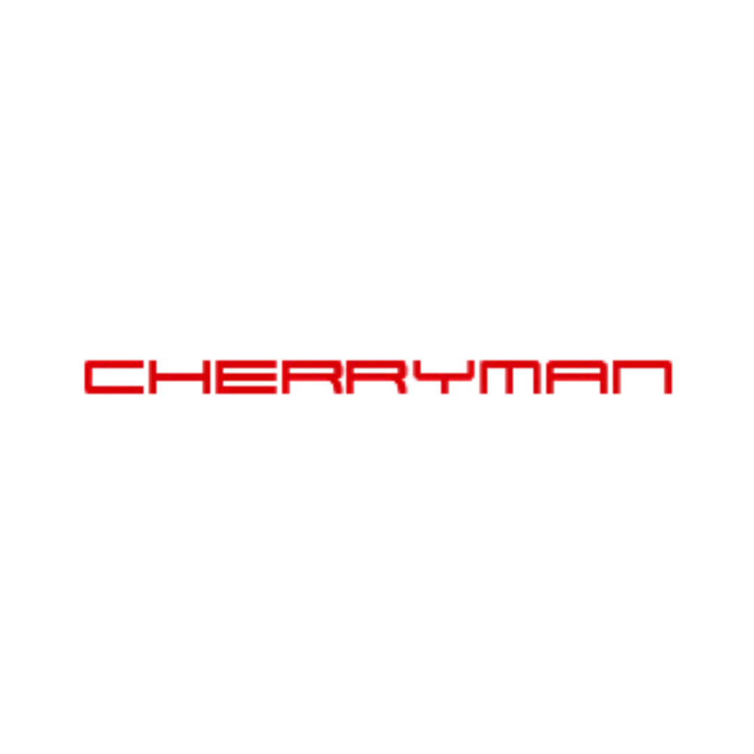 the logo for cherryman is red and black on a white background .