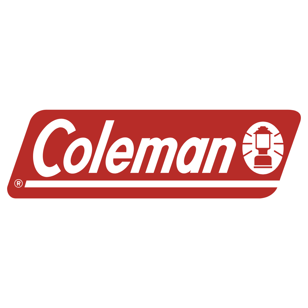 the coleman logo is red and white on a white background .
