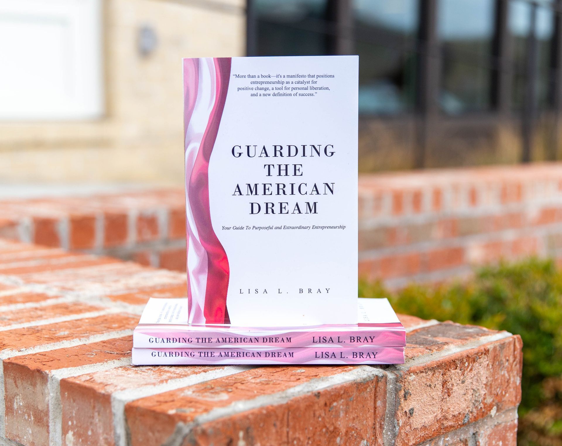 a book titled guarding the american dream is sitting on top of a brick wall .