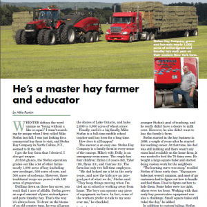 Article about a hay farmer with a tractor, truck, and hay bales in a field. Man in front of a truck.